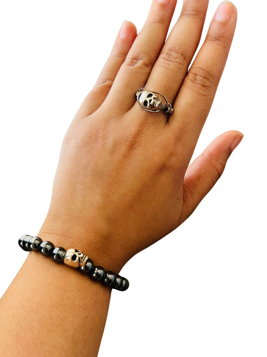 Hematite Skull Bracelet & Ring Set