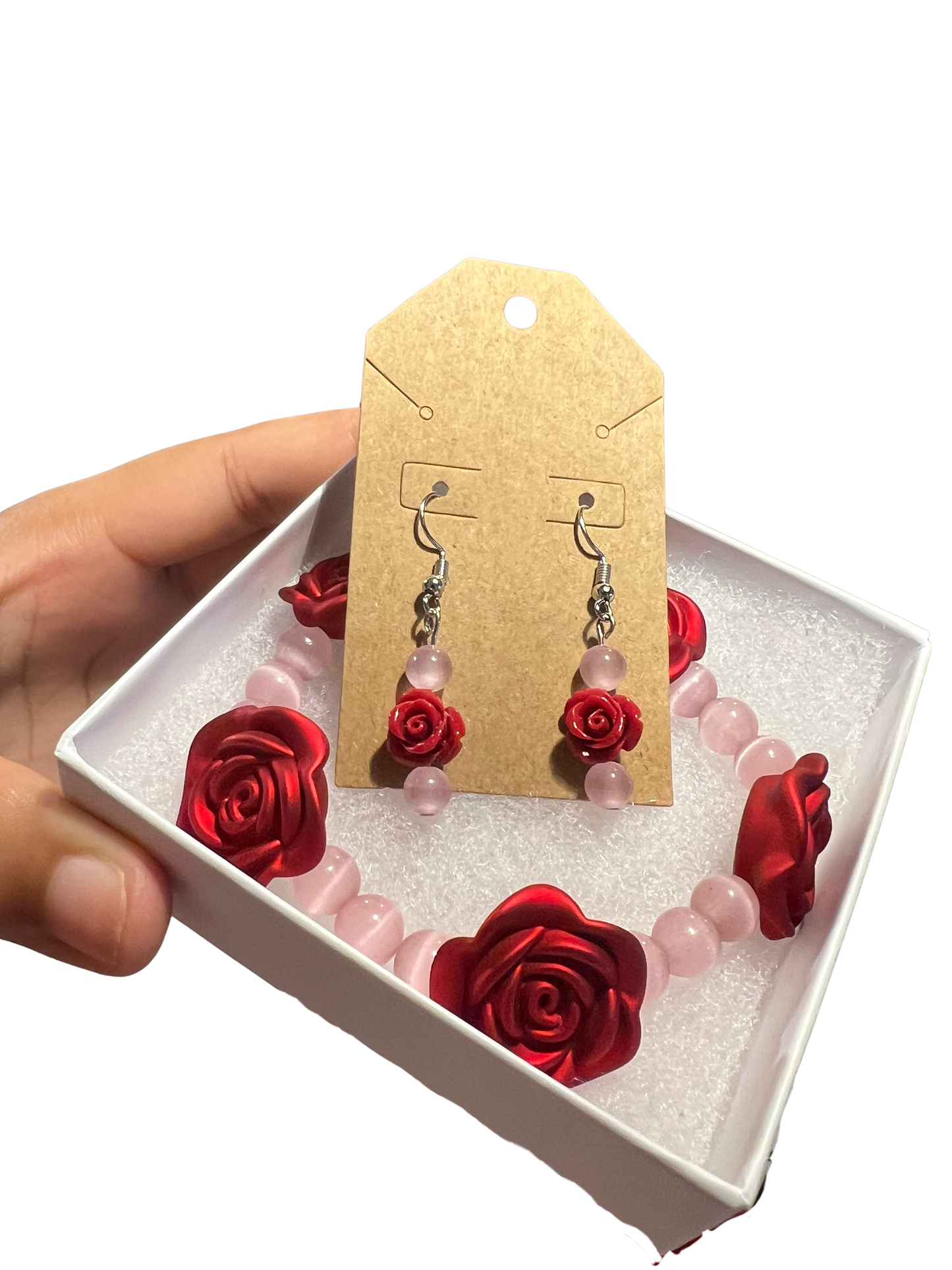 Pink Cat's Eye & Rose Jewelry Set