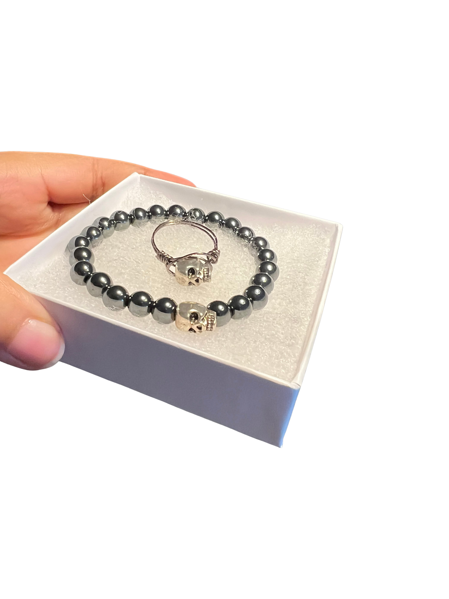 Hematite Skull Bracelet & Ring Set