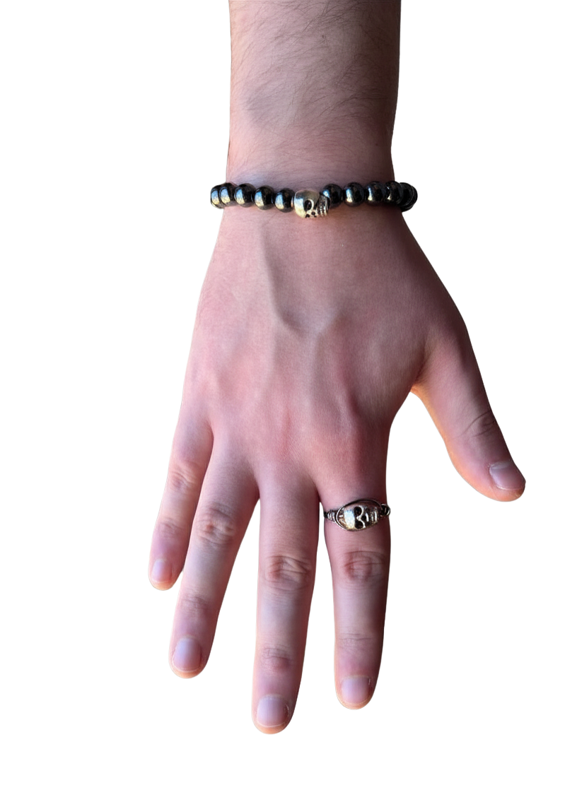Hematite Skull Bracelet & Ring Set
